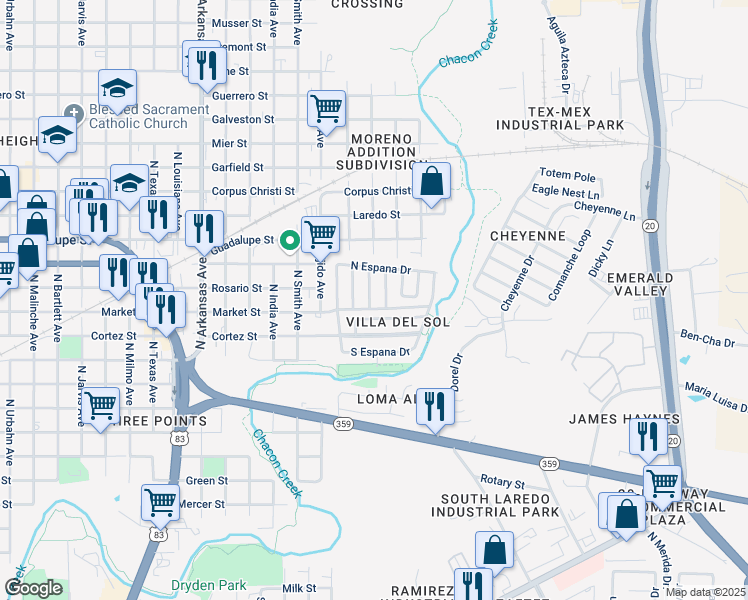 map of restaurants, bars, coffee shops, grocery stores, and more near 101 Madrid Drive in Laredo