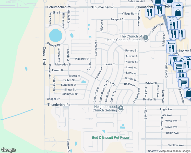 map of restaurants, bars, coffee shops, grocery stores, and more near 3800-3898 Ferrari Dr in Sebring