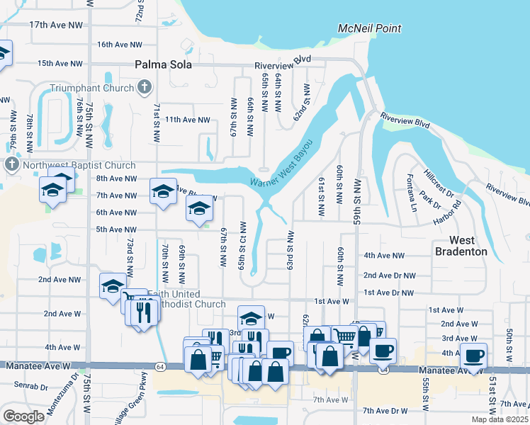 map of restaurants, bars, coffee shops, grocery stores, and more near 510 63rd Street Northwest in Bradenton