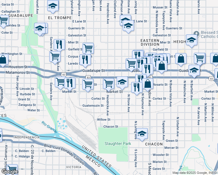map of restaurants, bars, coffee shops, grocery stores, and more near 1014 Market Street in Laredo