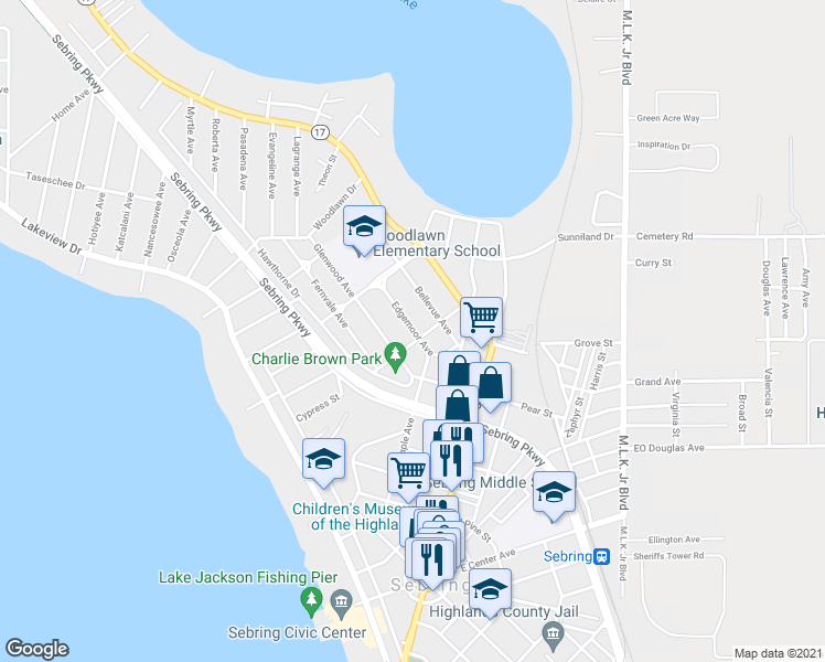 map of restaurants, bars, coffee shops, grocery stores, and more near 1013 Edgemoor Avenue in Sebring