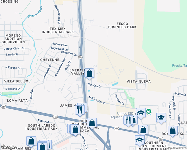 map of restaurants, bars, coffee shops, grocery stores, and more near 1011 Emerald Valley Drive in Laredo