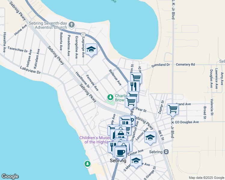 map of restaurants, bars, coffee shops, grocery stores, and more near 1018-1028 Glenwood Avenue in Sebring
