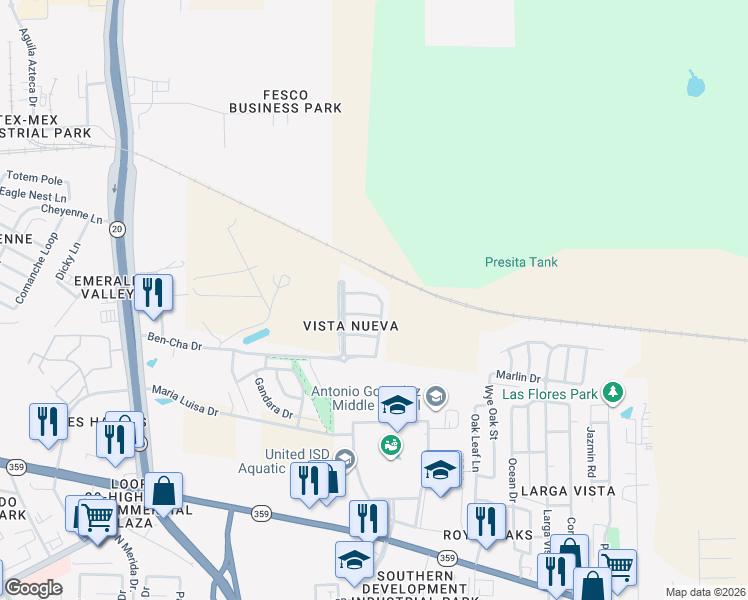 map of restaurants, bars, coffee shops, grocery stores, and more near 5406 Nevera Loop in Laredo
