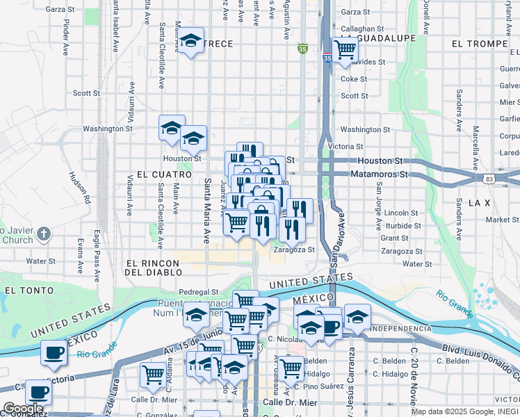 map of restaurants, bars, coffee shops, grocery stores, and more near in Laredo