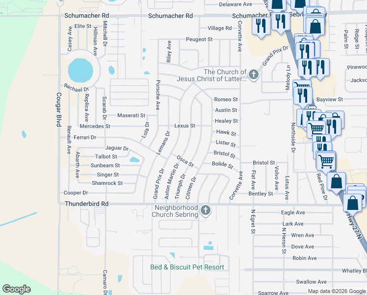 map of restaurants, bars, coffee shops, grocery stores, and more near 607 Aston Martin Drive in Sebring