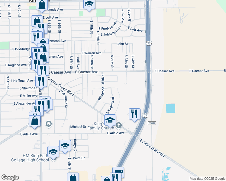 map of restaurants, bars, coffee shops, grocery stores, and more near 1446 Virginia Avenue in Kingsville