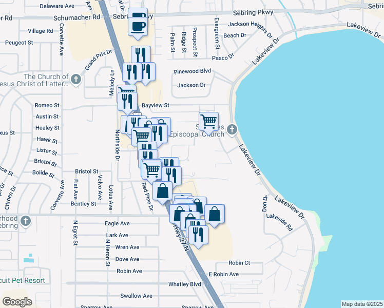 map of restaurants, bars, coffee shops, grocery stores, and more near Gose Boulevard in Sebring
