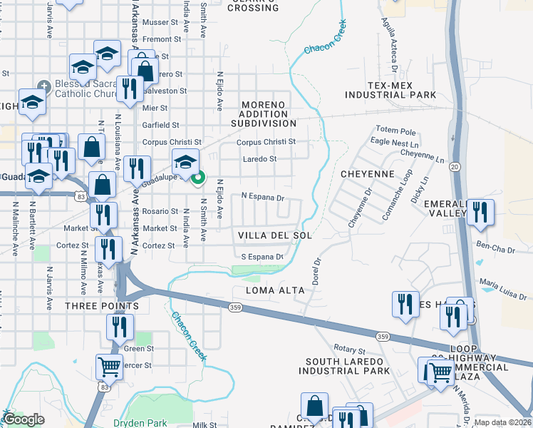 map of restaurants, bars, coffee shops, grocery stores, and more near Mirasol Drive in Laredo