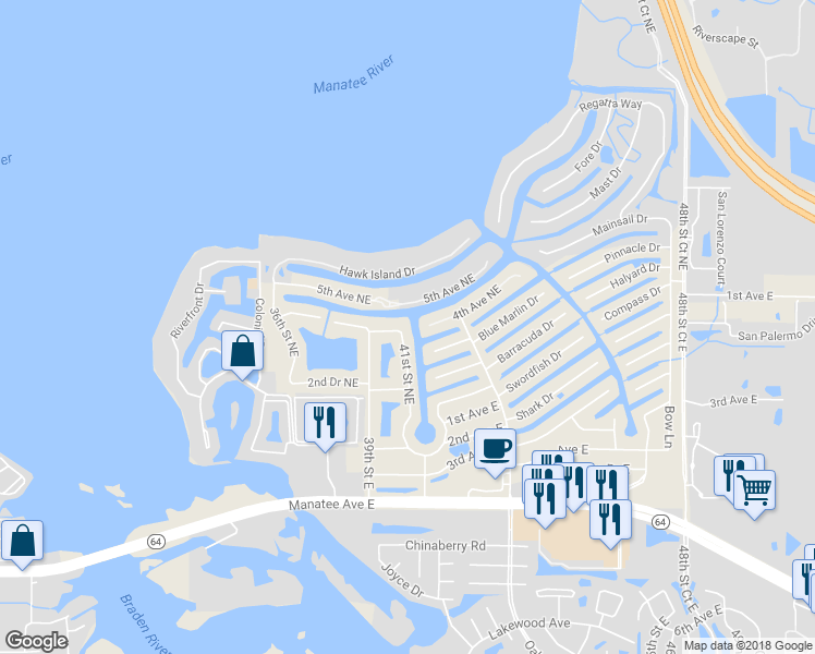 map of restaurants, bars, coffee shops, grocery stores, and more near 319 41st Street Northeast in Bradenton