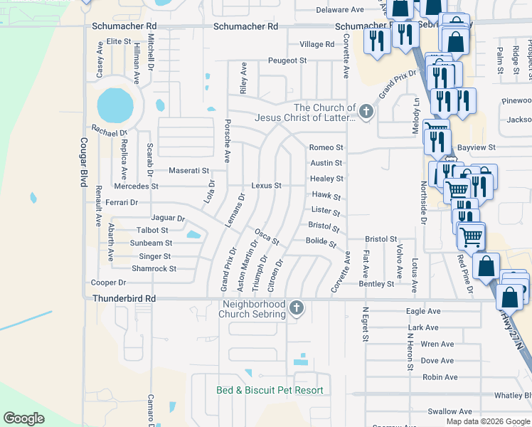 map of restaurants, bars, coffee shops, grocery stores, and more near 607 Aston Martin Drive in Sebring