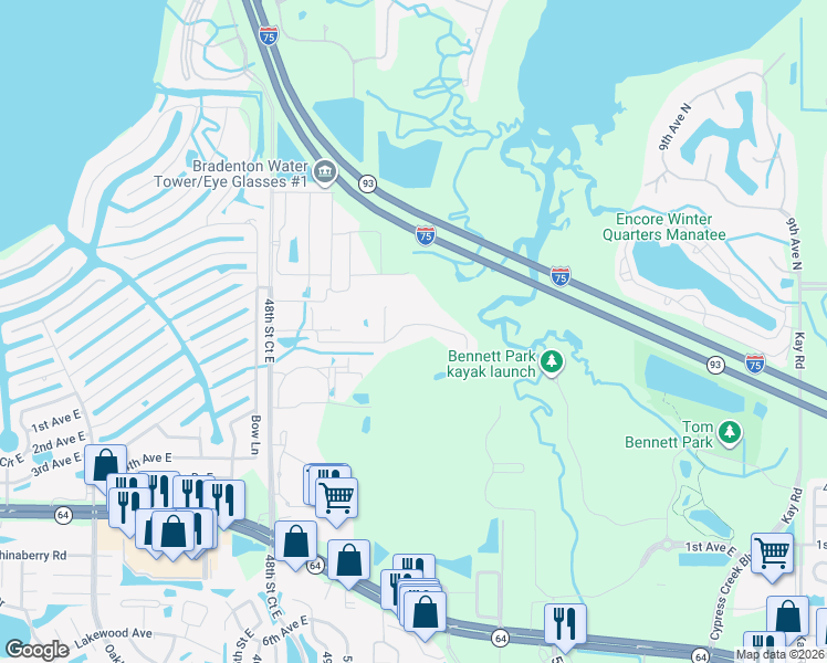 map of restaurants, bars, coffee shops, grocery stores, and more near 5130 San Palermo Drive in Bradenton