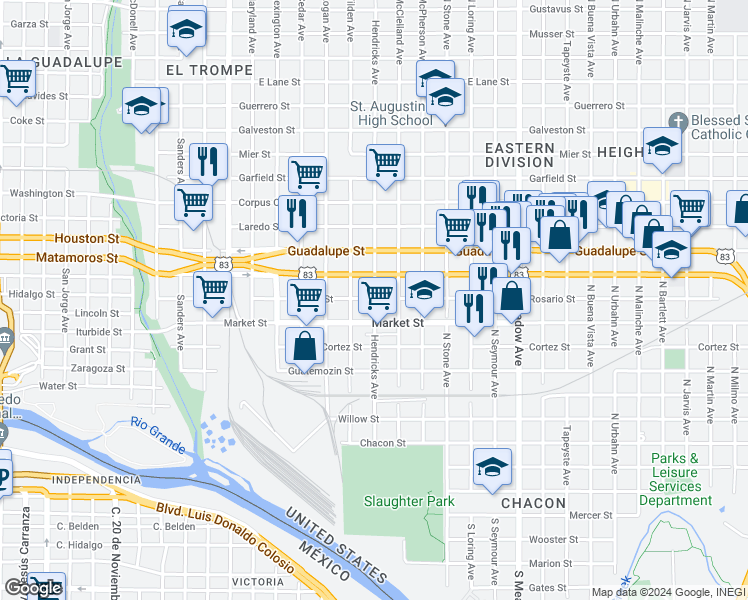 map of restaurants, bars, coffee shops, grocery stores, and more near 1014 Market Street in Laredo