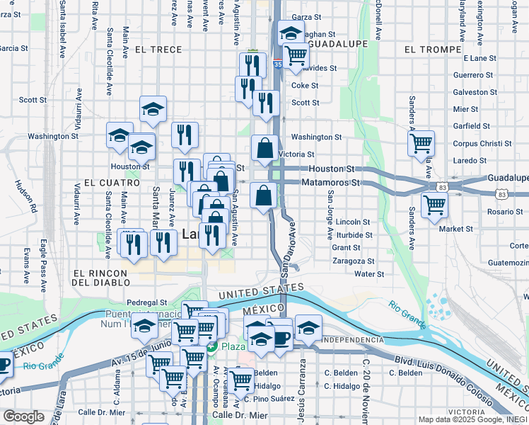 map of restaurants, bars, coffee shops, grocery stores, and more near 813 Lincoln Street in Laredo