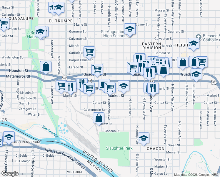 map of restaurants, bars, coffee shops, grocery stores, and more near 1014 Market Street in Laredo