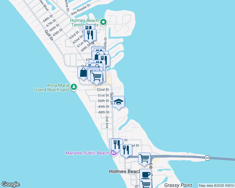 map of restaurants, bars, coffee shops, grocery stores, and more near 211 Haverkos Court in Holmes Beach