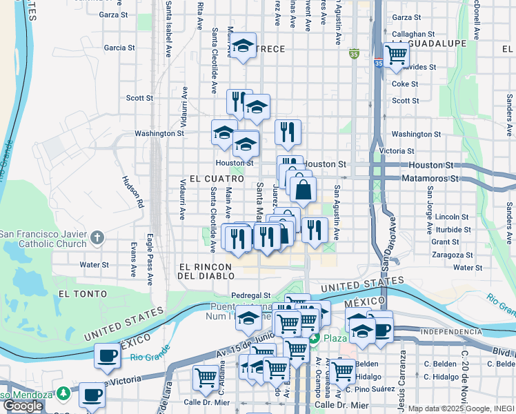 map of restaurants, bars, coffee shops, grocery stores, and more near 1415 Lincoln St in Laredo
