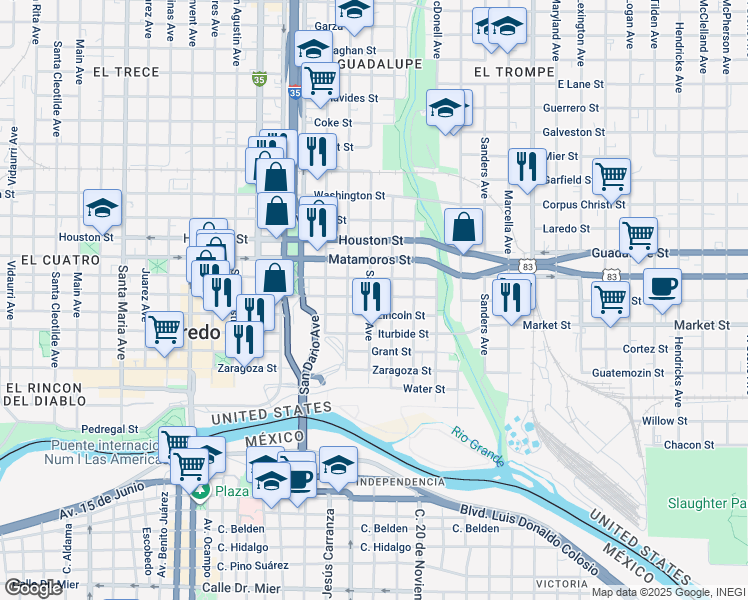 map of restaurants, bars, coffee shops, grocery stores, and more near 311 Farragut Street in Laredo