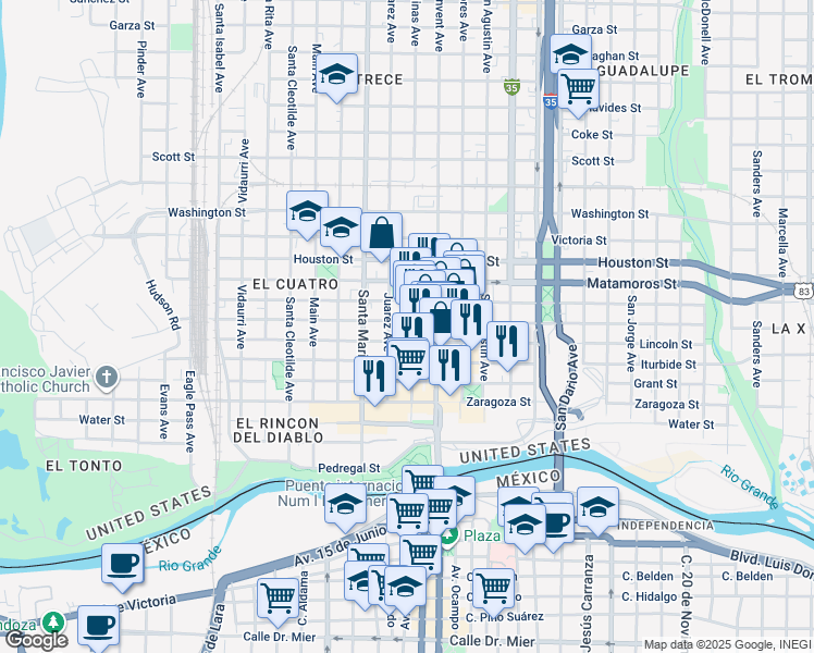 map of restaurants, bars, coffee shops, grocery stores, and more near 600-678 Salinas Avenue in Laredo