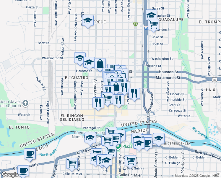 map of restaurants, bars, coffee shops, grocery stores, and more near 600-678 Salinas Avenue in Laredo