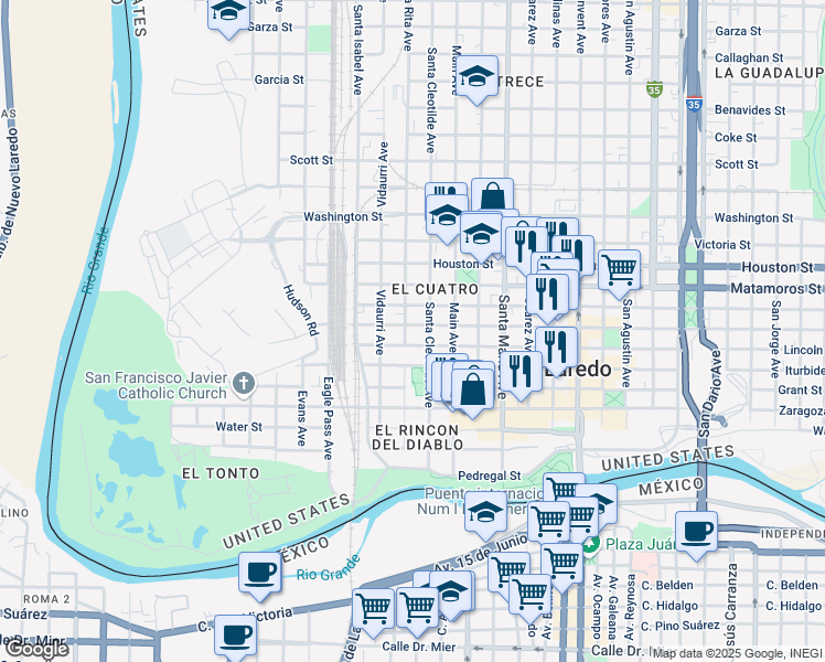 map of restaurants, bars, coffee shops, grocery stores, and more near 620 Santa Rita Avenue in Laredo
