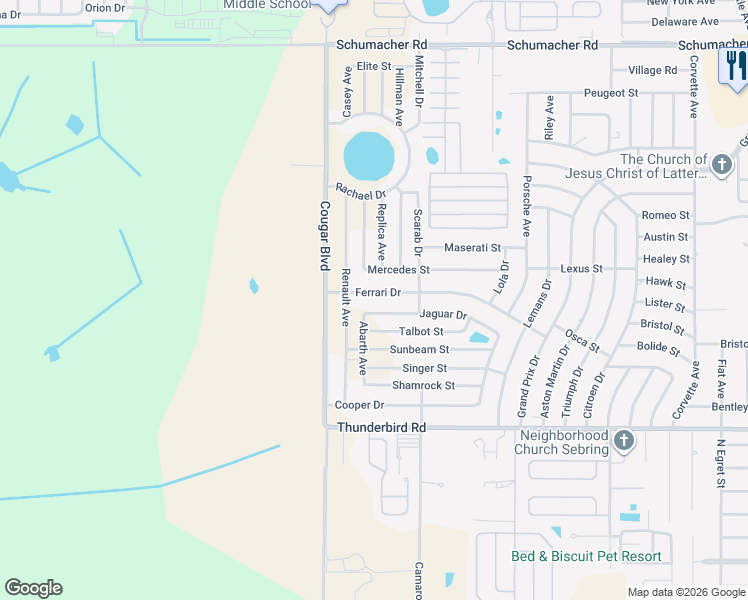 map of restaurants, bars, coffee shops, grocery stores, and more near 4500 Ferrari Drive in Sebring