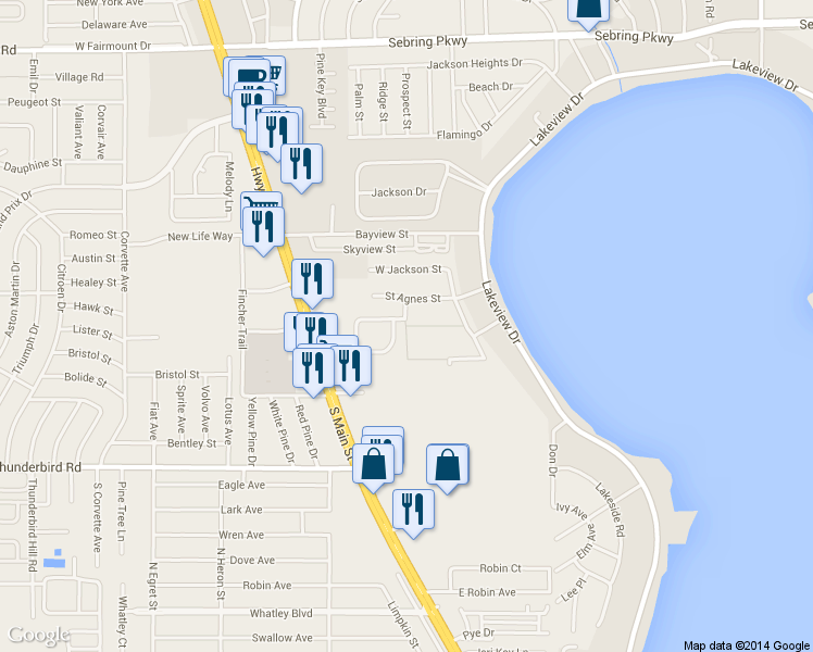map of restaurants, bars, coffee shops, grocery stores, and more near Gose Blvd in Sebring