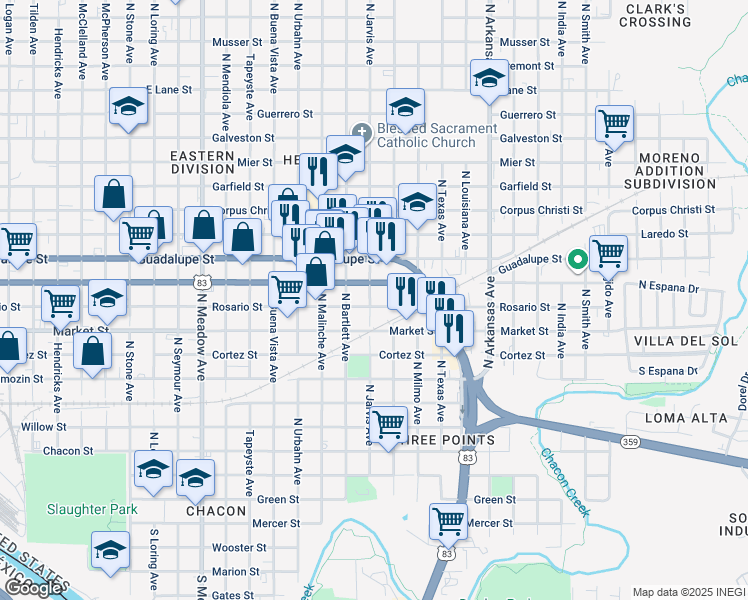 map of restaurants, bars, coffee shops, grocery stores, and more near 2319 Chihuahua Street in Laredo