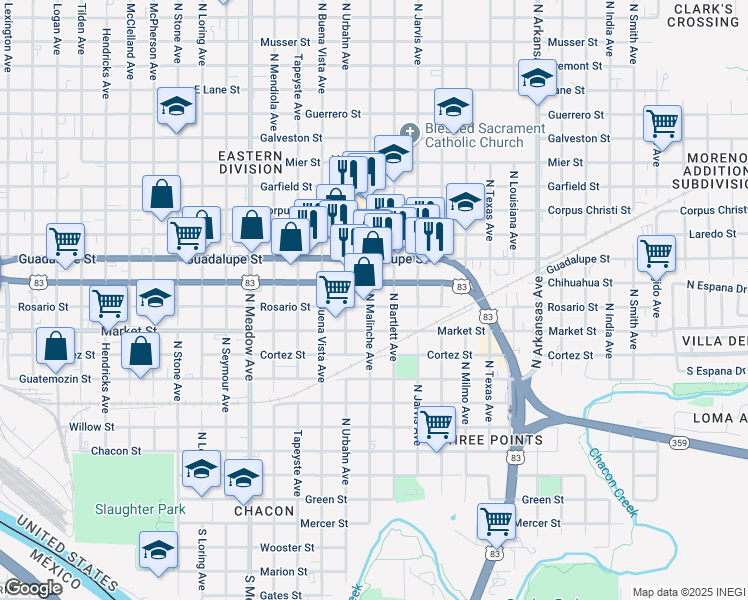 map of restaurants, bars, coffee shops, grocery stores, and more near 2019 Chihuahua in Laredo