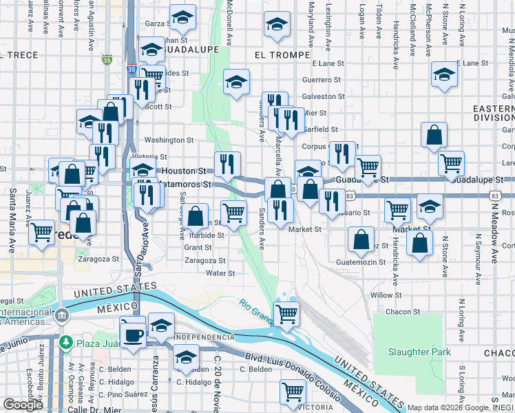 map of restaurants, bars, coffee shops, grocery stores, and more near 1020 Sanders Avenue in Laredo