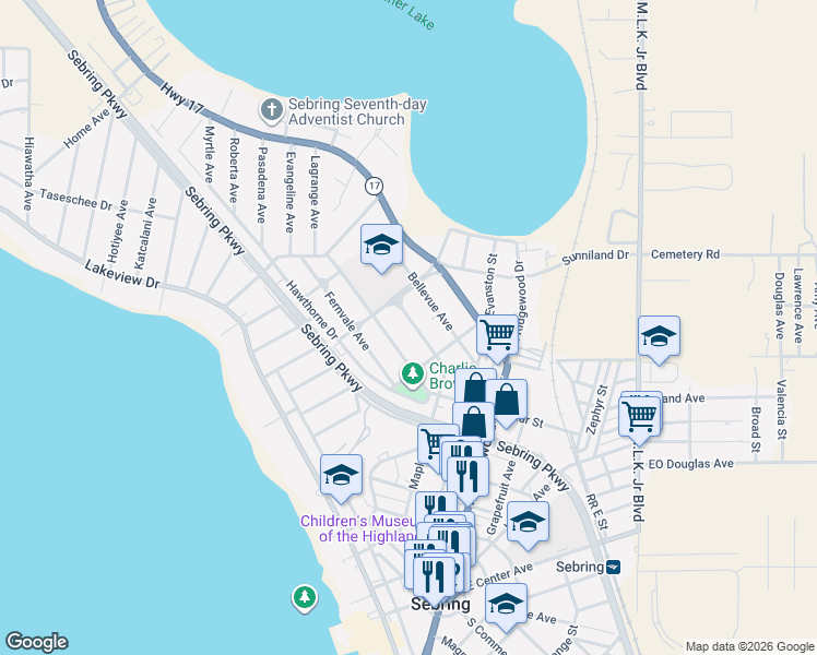 map of restaurants, bars, coffee shops, grocery stores, and more near 1145 Edgemoor Avenue in Sebring