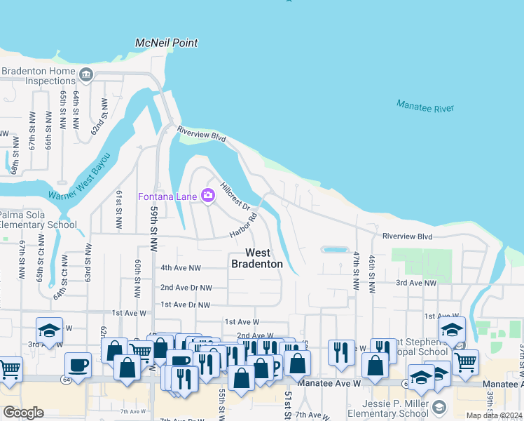 map of restaurants, bars, coffee shops, grocery stores, and more near 5115 Harbor Road in Bradenton