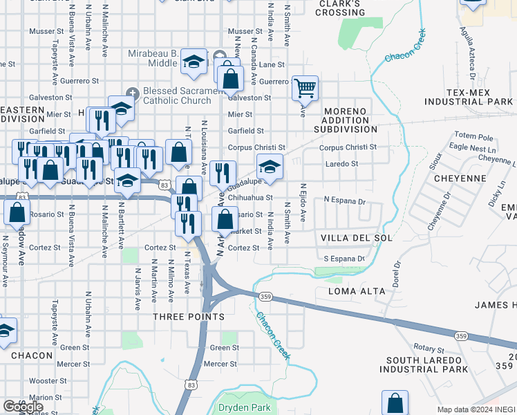 map of restaurants, bars, coffee shops, grocery stores, and more near 3019 Chihuahua Street in Laredo