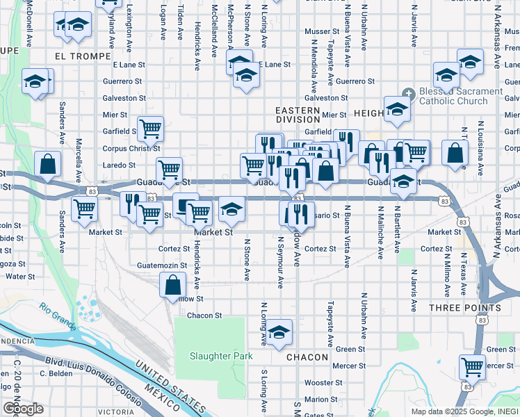 map of restaurants, bars, coffee shops, grocery stores, and more near 1319 Chihuahua Street in Laredo