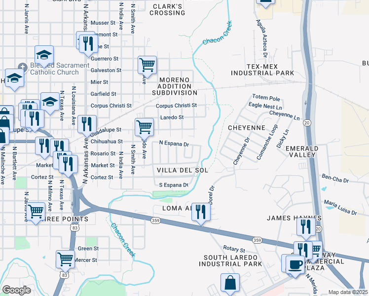 map of restaurants, bars, coffee shops, grocery stores, and more near 310 North Espana Drive in Laredo