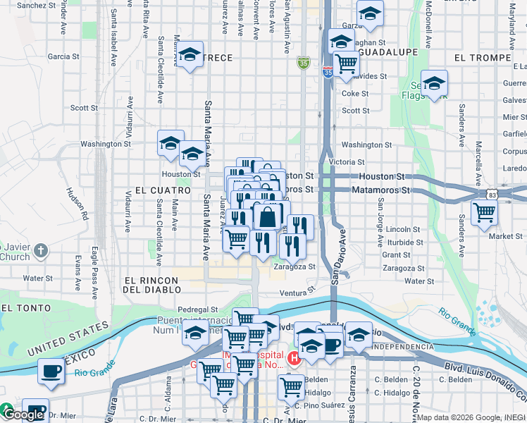map of restaurants, bars, coffee shops, grocery stores, and more near 1112 Hidalgo Street in Laredo