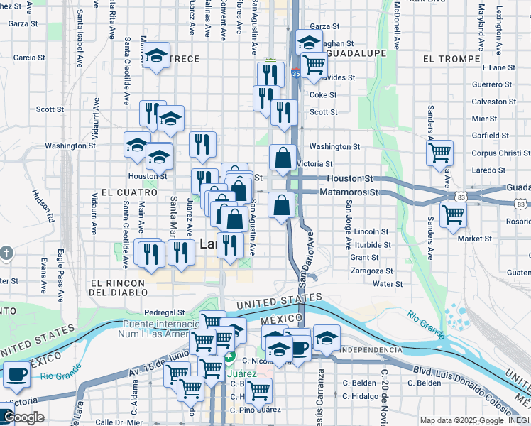 map of restaurants, bars, coffee shops, grocery stores, and more near 601-699 San Agustin Ave in Laredo
