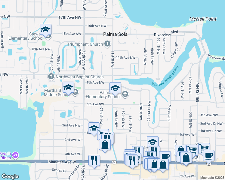 map of restaurants, bars, coffee shops, grocery stores, and more near 763 71st Street Northwest in Bradenton