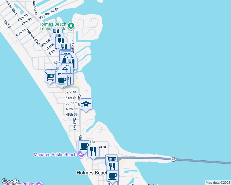 map of restaurants, bars, coffee shops, grocery stores, and more near in Holmes Beach