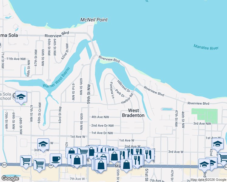 map of restaurants, bars, coffee shops, grocery stores, and more near 640 Park Drive in Bradenton