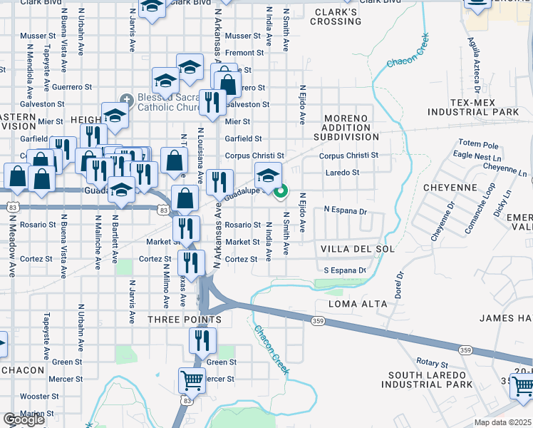 map of restaurants, bars, coffee shops, grocery stores, and more near 3019 Chihuahua Street in Laredo