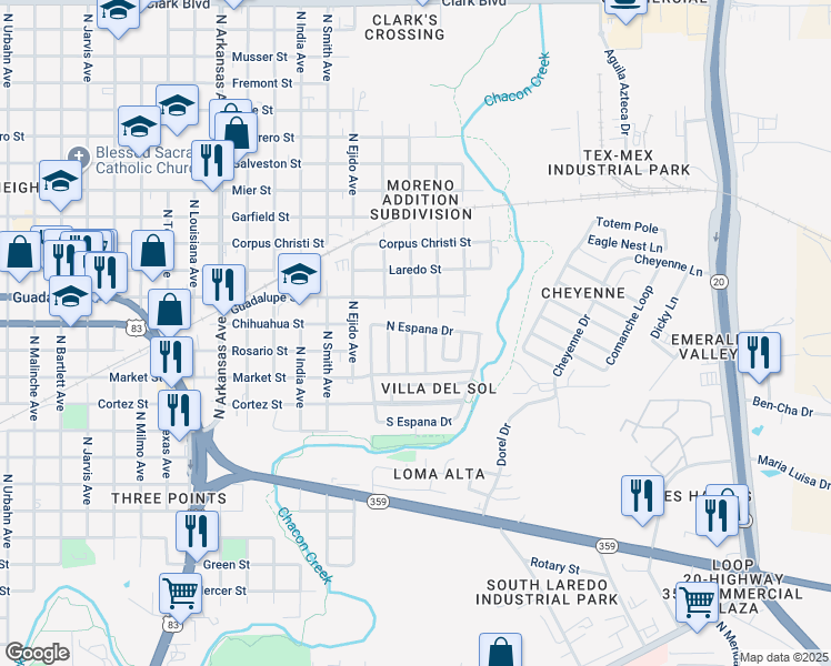 map of restaurants, bars, coffee shops, grocery stores, and more near 219 North Espana Drive in Laredo