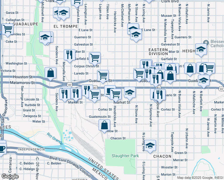 map of restaurants, bars, coffee shops, grocery stores, and more near 1001-1099 Tilden Avenue in Laredo