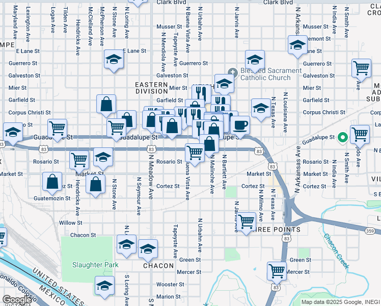 map of restaurants, bars, coffee shops, grocery stores, and more near 1901 Chihuahua Street in Laredo