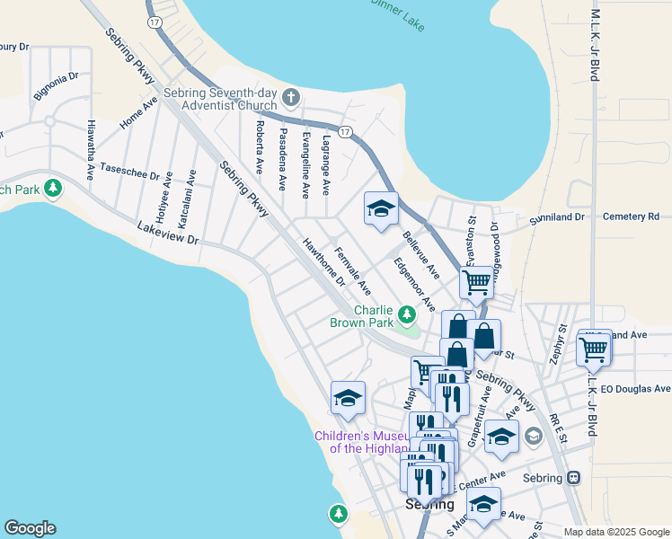 map of restaurants, bars, coffee shops, grocery stores, and more near 1246 Hawthorne Drive in Sebring