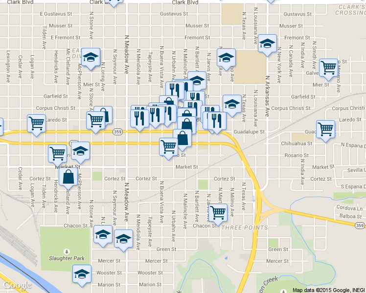 map of restaurants, bars, coffee shops, grocery stores, and more near 2019 Chihuahua in Laredo