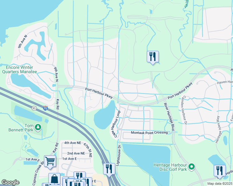 map of restaurants, bars, coffee shops, grocery stores, and more near 6894 Willowshire Way in Bradenton