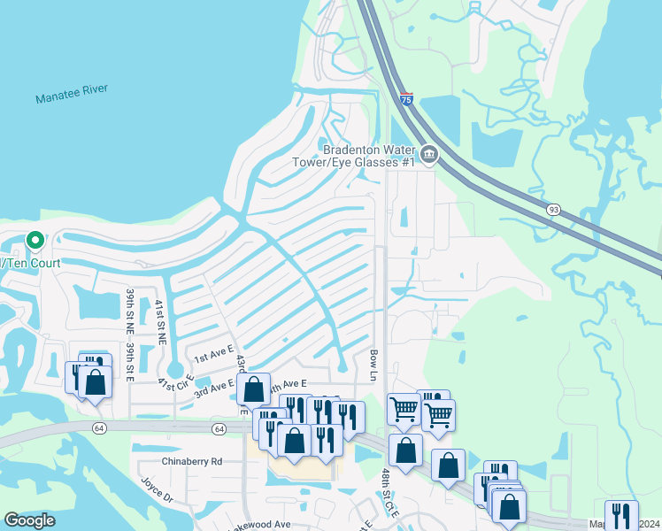 map of restaurants, bars, coffee shops, grocery stores, and more near 4719 Compass Drive in Bradenton