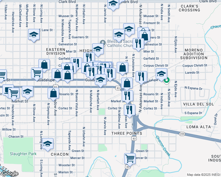 map of restaurants, bars, coffee shops, grocery stores, and more near 2319 Chihuahua Street in Laredo