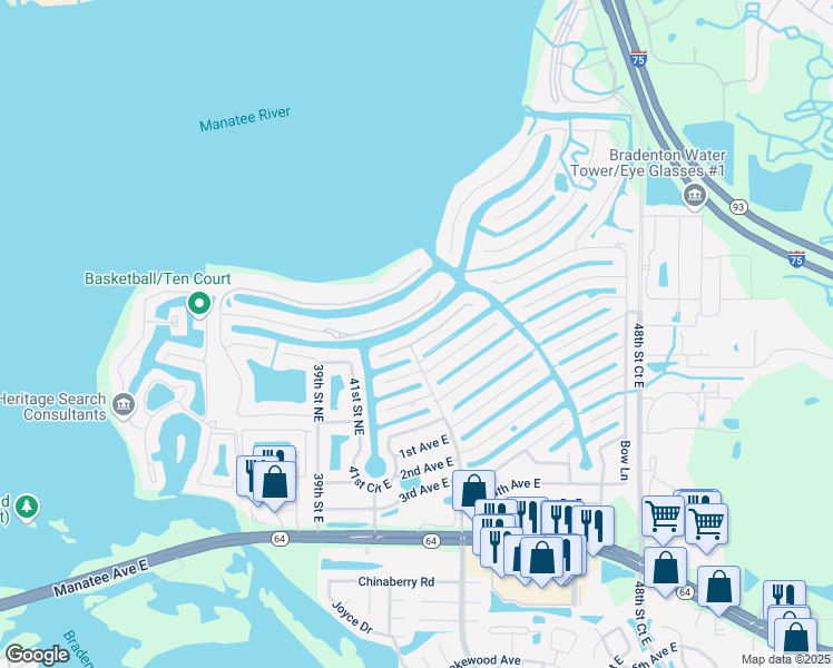 map of restaurants, bars, coffee shops, grocery stores, and more near 4507 4th Avenue Northeast in Bradenton